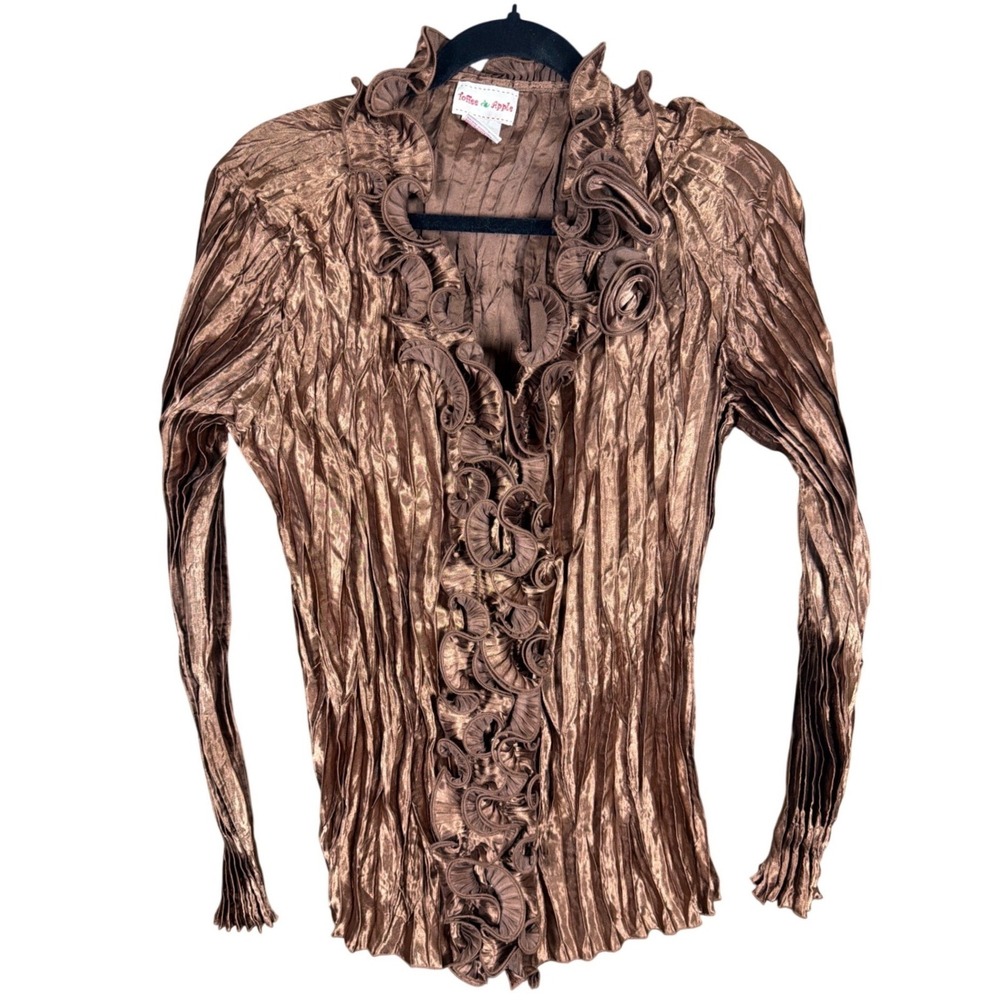 Toffee Apple Bronze Metallic Plisse Crinkle Ruffle Rosette‎ Blouse XXL Womens